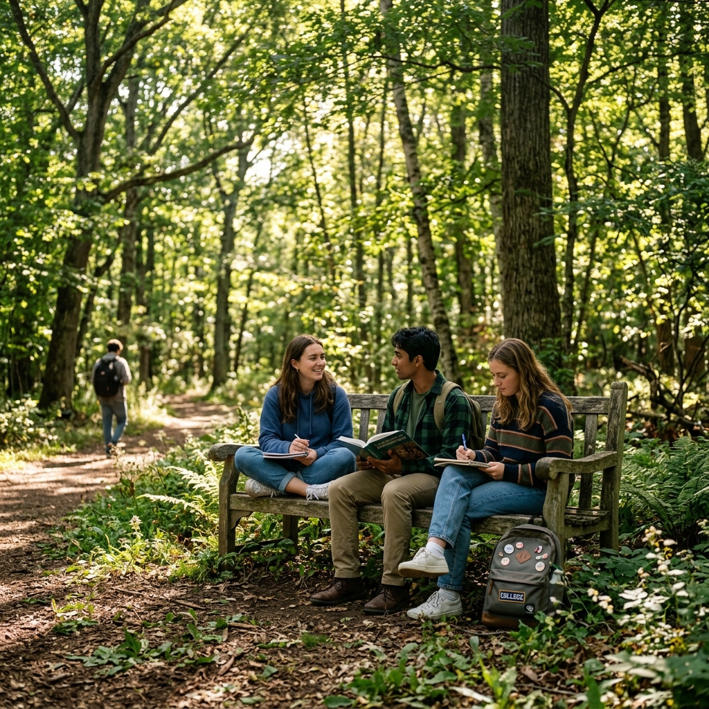 Students sitting in campus woods hangout spot