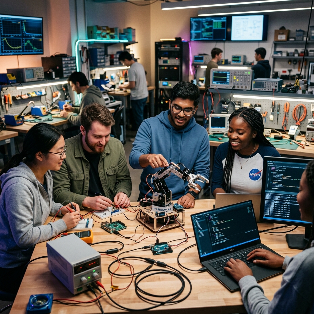 Engineering students working in electronics lab
